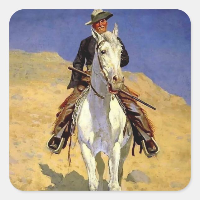 “Self Portrait on a Horse” by Frederic Remington Quadratischer Aufkleber (Vorderseite)