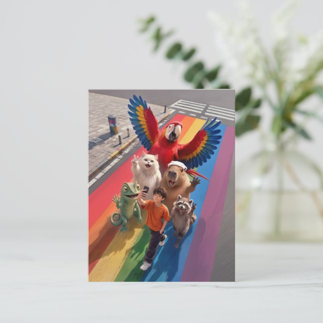 Selfie Boy Regenbogenkreuzung Postkarte (Stehend Vorderseite)