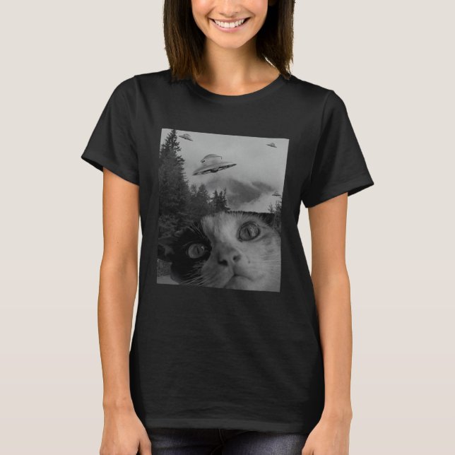 Selfie Cat Meme UFO Sighting Alien Conspiracy Sci  T-Shirt (Vorderseite)