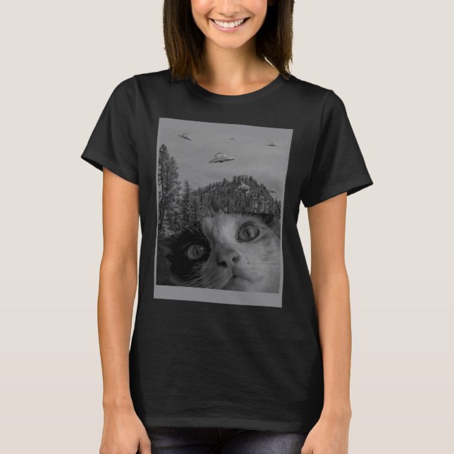 Selfie Cat Meme UFO Sighting Alien Conspiracy Sci T-Shirt (Vorderseite)