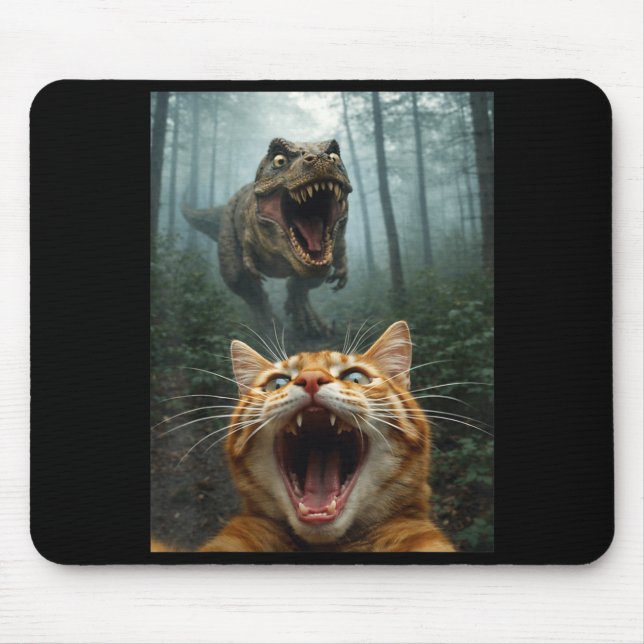 Selfie einer orangefarbenen Katze mit T-Rex-Dinosa Mousepad (Vorne)
