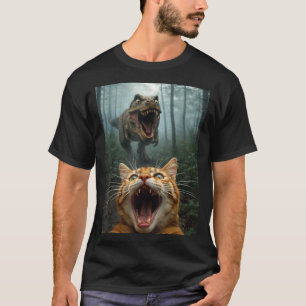Selfie einer orangefarbenen Katze mit T-Rex-Dinosa T-Shirt