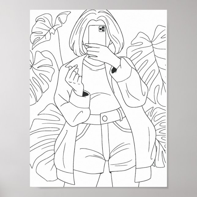 Selfie Girl Coloring Page Poster (Vorne)