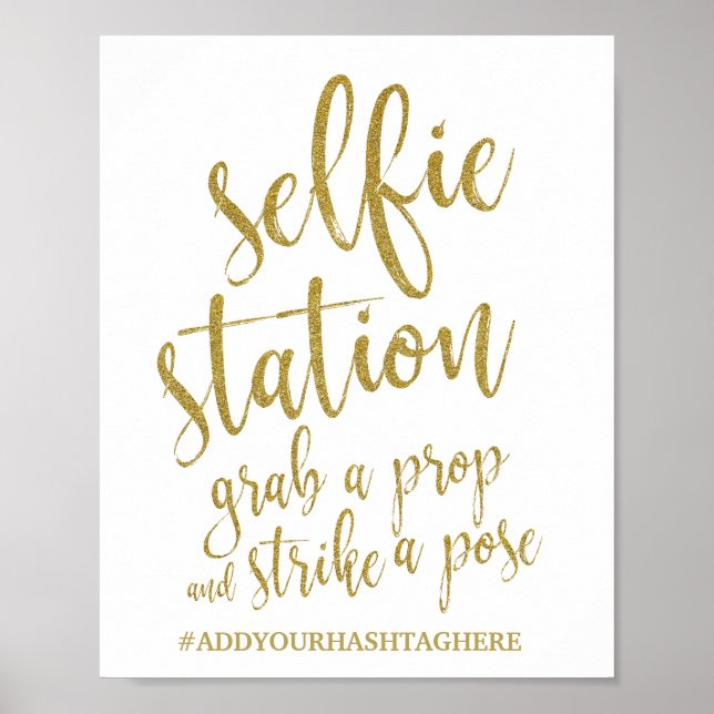 Selfie Station Gold Glitzer 8x10 Hochzeitszeichen Poster (Vorne)