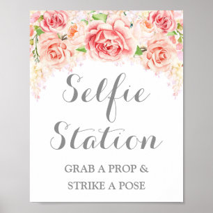 Selfie-Station-Hochzeitsschild Rosa Aquarell-Blume Poster