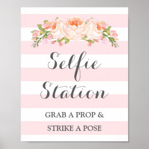 Selfie-Station-Hochzeitsschild rosa Blumen Streife Poster