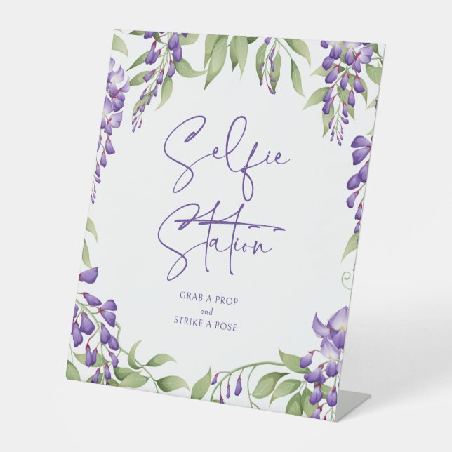 Selfie Station Lila Blumenzellenschrift Hochzeit Sockelschild (Vorderseite)