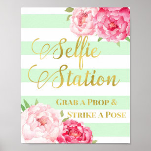 Selfie-Station-Schild Rosa Blumen Gold Mint Streif Poster