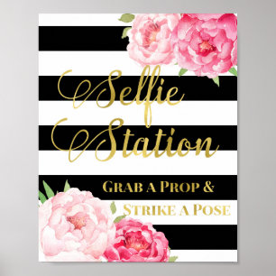 Selfie-Station-Schild Rosa Blumen Gold Schwarze St Poster