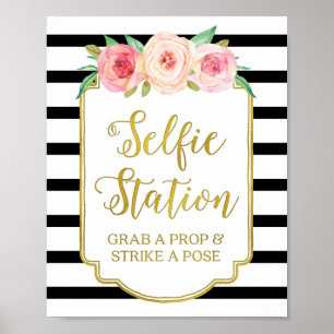 Selfie-Station-Schild Rosa Blumen Gold Schwarze St Poster