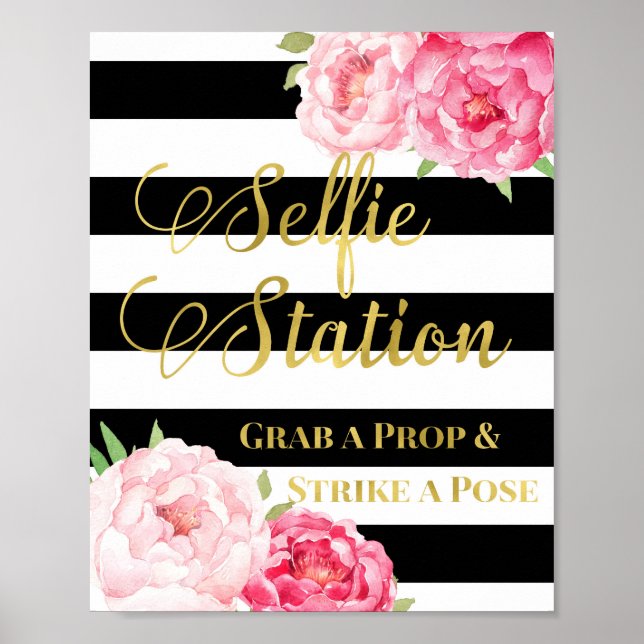 Selfie Station Signieren Rosa Blütenschwarze Strei Poster (Vorne)