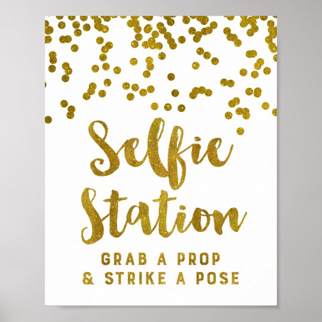 Selfie Station Wedding Sign Gold Confetti Poster (Vorne)