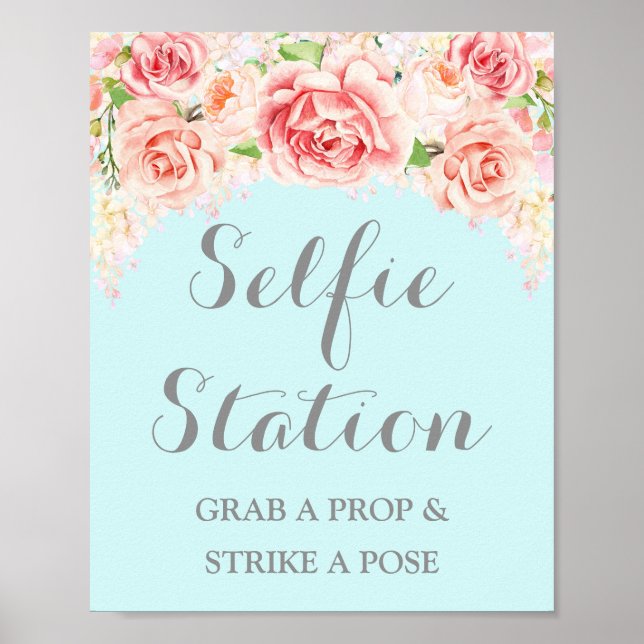 Selfie Station Wedding Sign Pink Watercolor Blue Poster (Vorne)