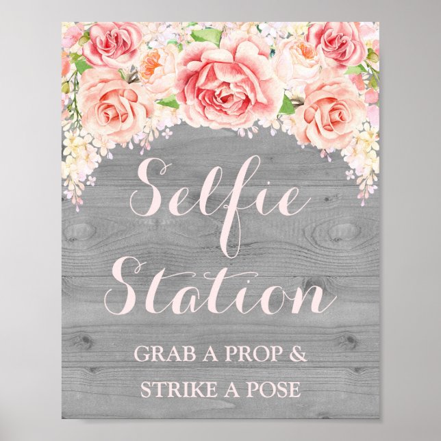 Selfie Station Wedding Sign Pink Watercolor Wood Poster (Vorne)