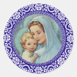 Selige Jungfrau Mary Baby Jesus Blue Border Runder Aufkleber