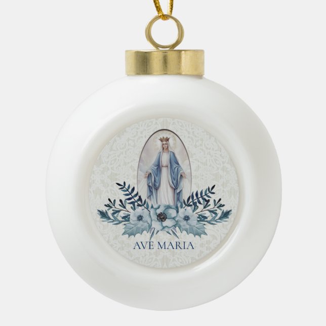Selige Jungfrau Mary Blue Bllower Lace Keramik Kugel-Ornament (Vorderseite)