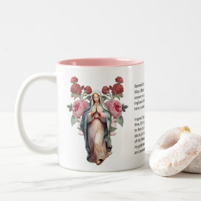 Selige Jungfrau Mary Rose Memorare Gebet Zweifarbige Tasse (Mit Donut)