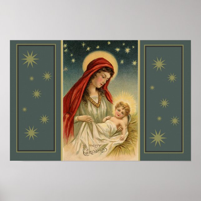Selige Mutter, die das Kind Jesus Weihnachten hält Poster (Vorne)