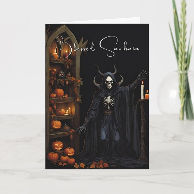 Seligen Samhain Halloween Skeleton Pumpkins Karte (Vorderseite)