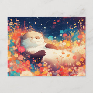 Seliges Aquarell-Otter-Blumenwiese Postkarte