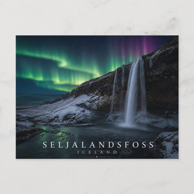 Seljalandsfoss Wasserfall Island Aurora Postkarte (Vorderseite)