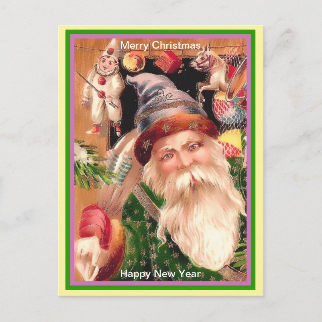 Selten Santa Lila Hat Green Coat Brown Fur & Stars Postkarte (Vorderseite)