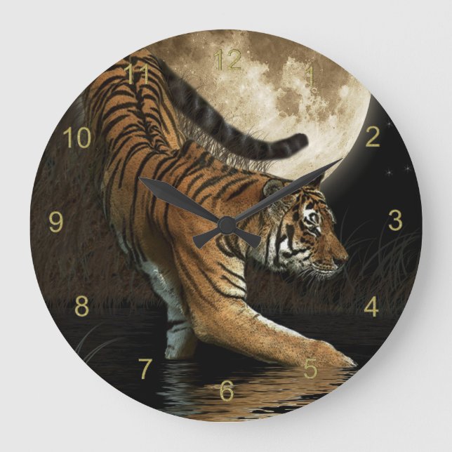 Seltene Tiger-u. Mond-große Katze Tier-Liebhaber Große Wanduhr (Vorderseite)