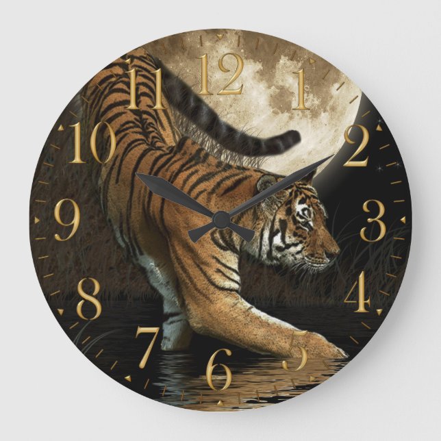 Seltene Tiger-u. Mond-große Katze Tier-Liebhaber Große Wanduhr (Vorderseite)