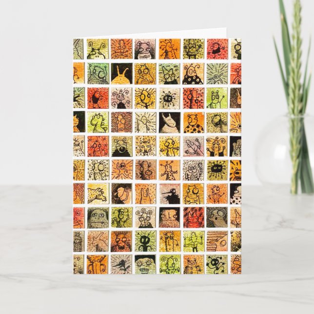 Seltsame Cartoon-Gesichter Farbige Quadrate Gruß Karte (Vorderseite)