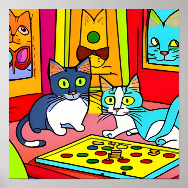 Seltsame Katzen spielen Brettspiele Poster (Vorne)