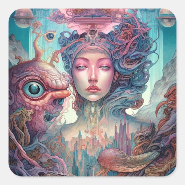Seltsame Surreal Alien Woman Art Quadratischer Aufkleber (Vorderseite)