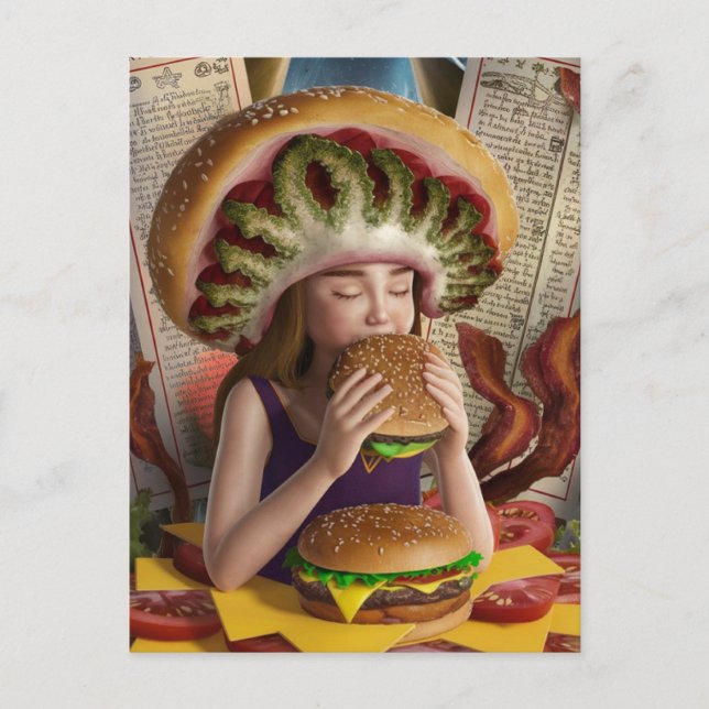Seltsame Surreal Girl mit Bacon Cheeseburger Postkarte (Vorderseite)