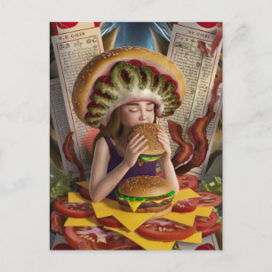 Seltsames surrealistisches Mädchen mit einem Chees Postkarte