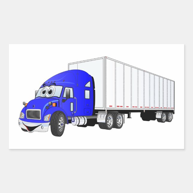 Semi Truck Blue White Trailer Cartoon Rechteckiger Aufkleber (Vorderseite)
