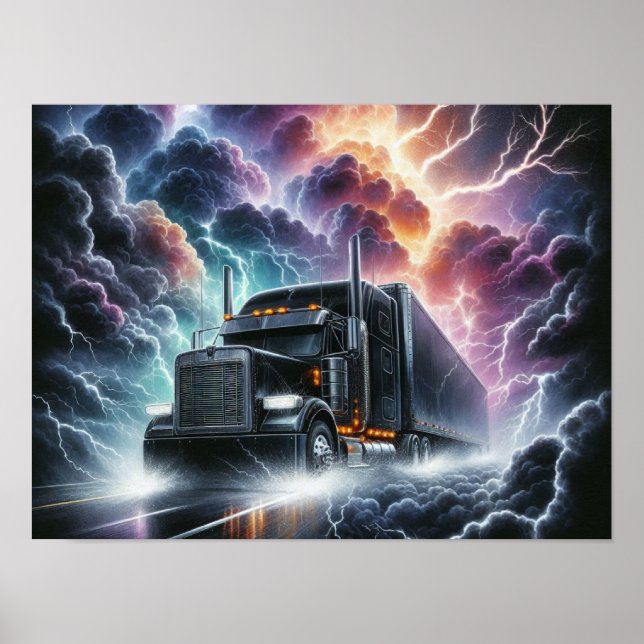 Semi Truck in einem pulsierenden Blitzgesturm Poster (Vorne)