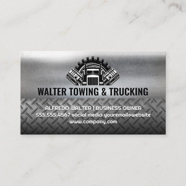 Semi Truck Pistons | Metallischer Industriestahl Visitenkarte (Vorderseite)