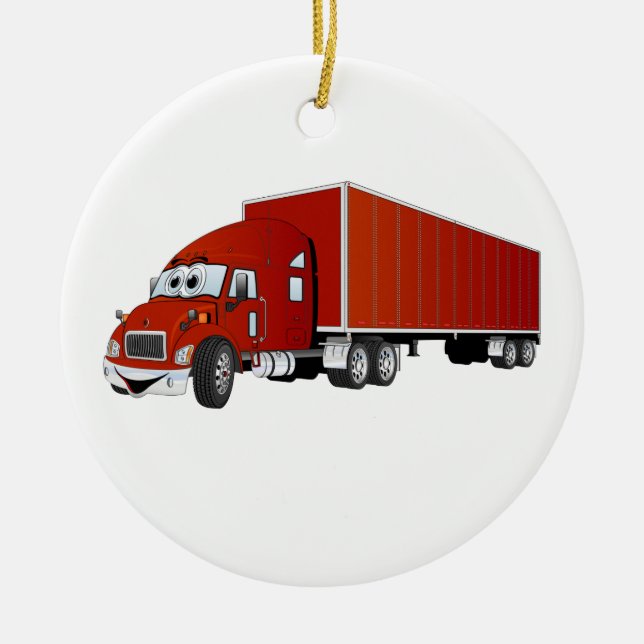 Semi Truck Red Trailer Cartoon Keramikornament (Vorne)