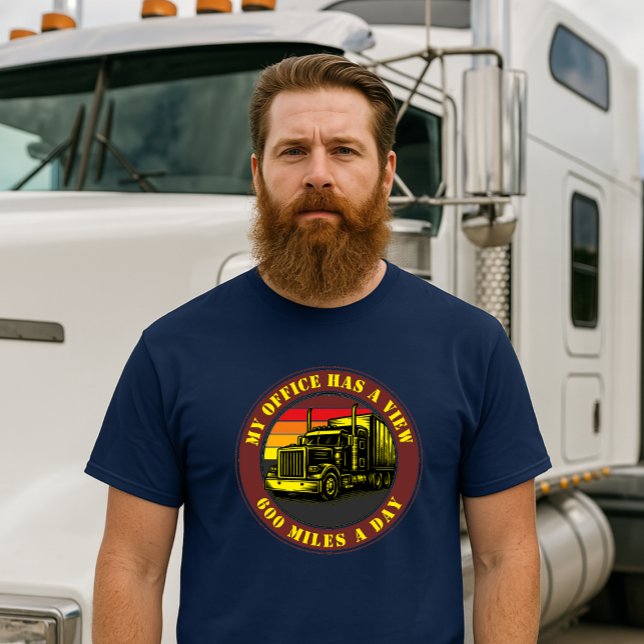 Semi Truck Trucking Over Retro Sunset Template T-Shirt (Von Creator hochgeladen)