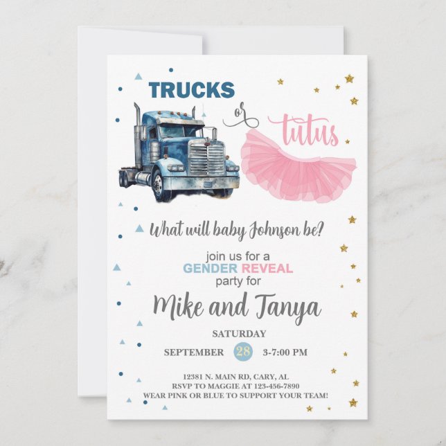 Semi Trucks or Tutus gender reveal invitation. Einladung (Vorderseite)
