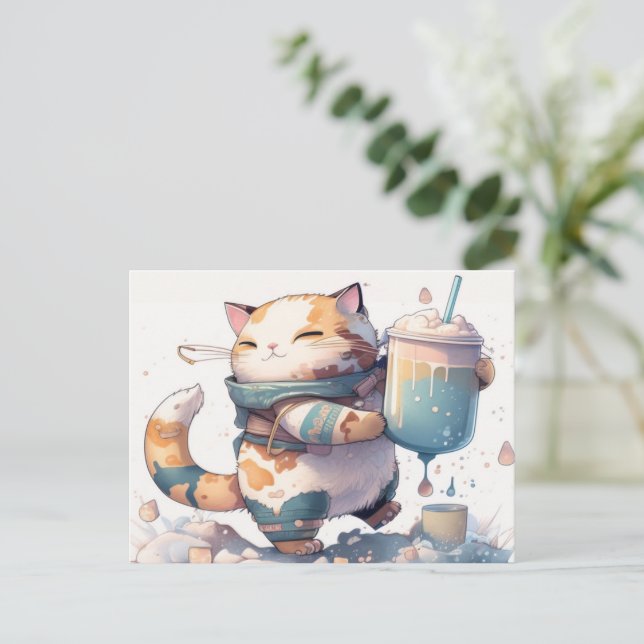 Senden Sie eine Boba Tea Cat Postkarte an alle, di (Stehend Vorderseite)