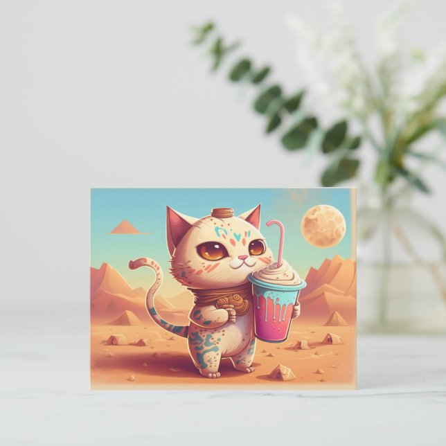 Senden Sie eine Boba Tea Cat Postkarte an alle, di (Stehend Vorderseite)