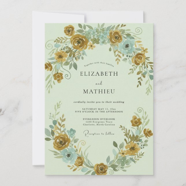 Senf-Aqua-Ranunculus-Eucalyptus-Hochzeit Einladung (Vorderseite)