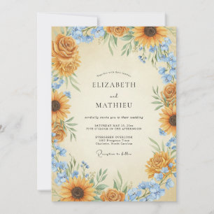 Senf Azurblauer Sonnenblumen-Eukalyptus-Hochzeit Einladung