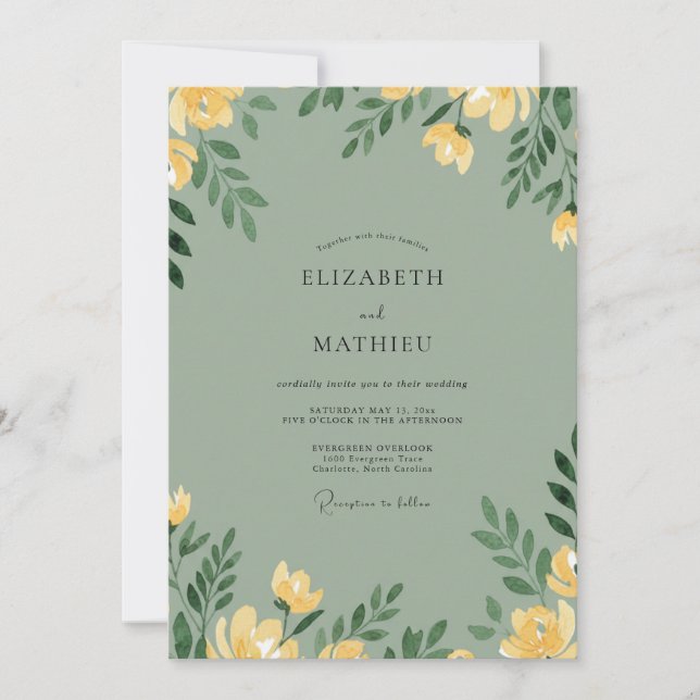 Senf-Celadon-Mohn-Hochzeit Einladung (Vorderseite)