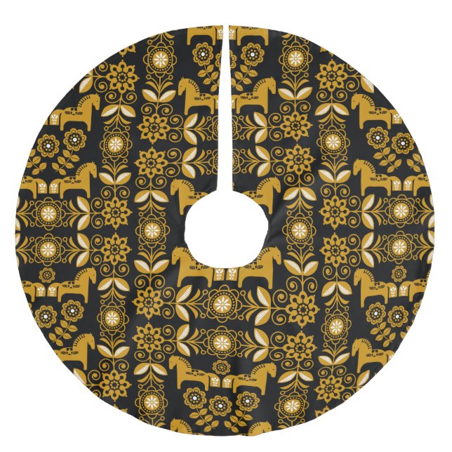 Senf Dala Schwedisches Pferdemuster Polyester Weihnachtsbaumdecke (Vorderseite)