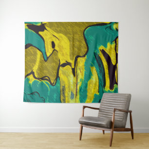 Senf Gelb Aquamarin Abstrakt Wandteppich