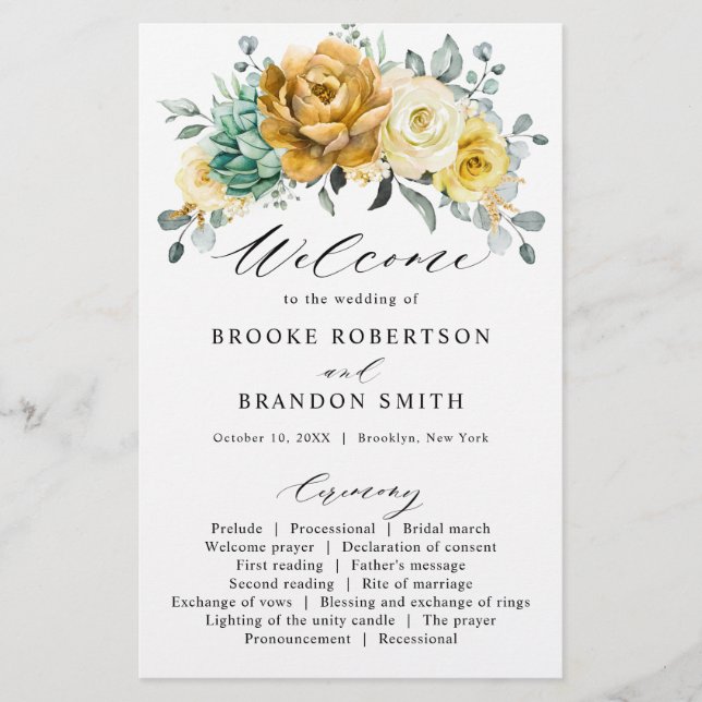 Senf-Gelb-Salbei-Hochzeitsprogramm (Vorderseite)