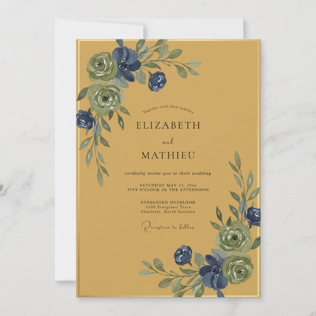 Senf Indigo Rebe Hochzeit Einladung (Vorderseite)