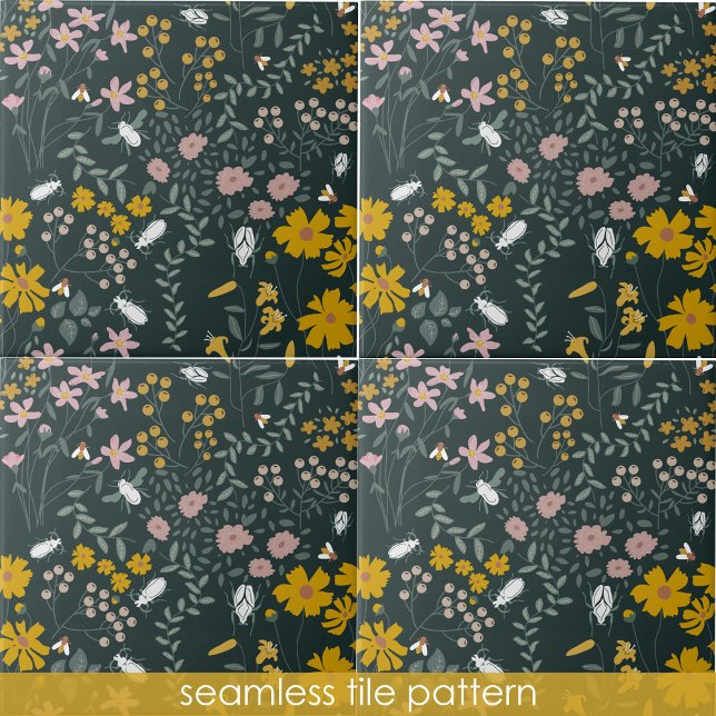Senf Käfer und Bienen Bohemische Blume Fliese (Mustard Floral Beetles & Bees Bohemian Wildflowers Ceramic Tile)