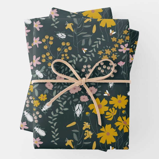Senf Käfer und Bienen Bohemische Wildblumen Geschenkpapier Set (Beispiel)